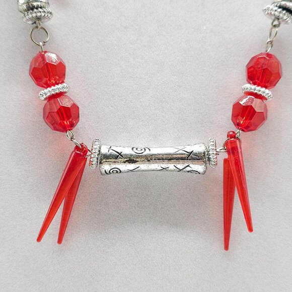Red Silver Beaded Necklace With Geometric Accents And Chain No Clasp - Picture 2 of 5